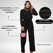 SILK ROUTE Women's Wool Set, Wide Leg Trousers And Turtleneck Blouse, Winter - 黑色 - 查看 4
