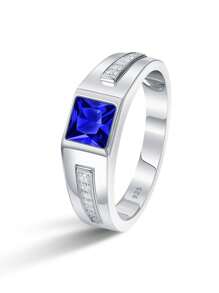 AIHUASI 1pc Luxury Certified 925 Sterling Silver Hypoallergenic Wedding Rings For Men Solitaire 6*6mm 1.25 Carat Princess Cut Dazzling Blue Synthetic Spinel Vintage Party Eternity Engagement Ring Fine Jewelry Gift