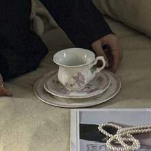 1pc French Retro Pink Embossed Ceramic Dish Set, Including Serving Plate, Coffee Cup & Saucer, Rice Bowl, Dessert Bowl, Tableware, Ceramic Plate, Coffee Cup & Saucer Series, Dessert Plate, Holiday/Souvenir Gift Back To School