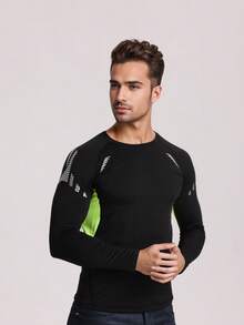 Men's Sports Long Sleeve Shirt - Quick-Dry, Moisture-Wicking, Breathable Mesh Fabric With Green Accents, Round Neck, Suitable For Gym, Running And Outdoor Activities, Activewear - Black - View 5