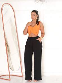 DUNA WOMEN'S PANTS WIDE LEG ELASTIC WAIST HIGH FUNCTIONAL POCKET Color Block Striped Casual Elegant Party Pocket Drawstring Knot - 黑色 - 查看 3
