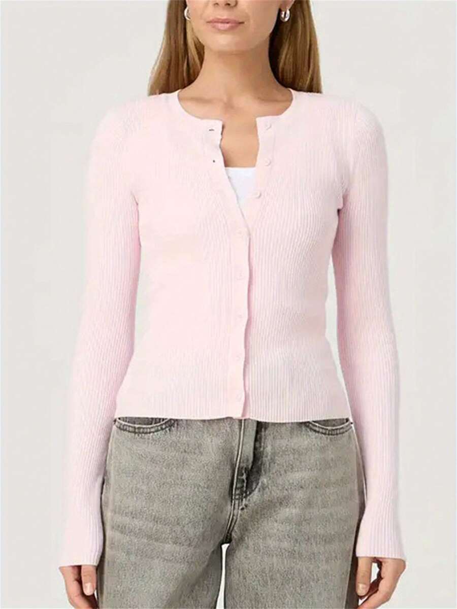 Women's Autumn Sweater Cardigan Solid Color Long Sleeve Round Neck Button Up Ribbed Knitwear - Hồng - Xem 1