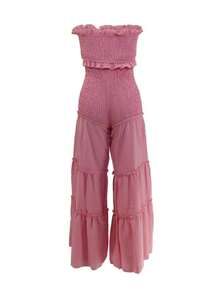 Women's Frill Trim Shirred Flare Leg Pants Set, Boho Tube Crop Top & High Waist Trousers For Beach Holiday Vacation Back To School, Ladies Summer Clothes, 2 Piece Sets Women, Womenswear, Going Out Sets - 黃色 - 查看 11