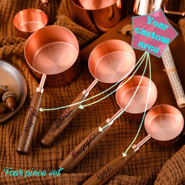 Kundenspezifischer Messbecher & Messschöpfer Set aus Walnussholz, 4 Stücke Edelstahl Messlöffel, 4 Stücke Edelstahl Messbecher, tolles Geschenk für Familie, Liebe, Freunde, Kollegen, Führungskräfte, Geburtstag, Feste, Geschäft