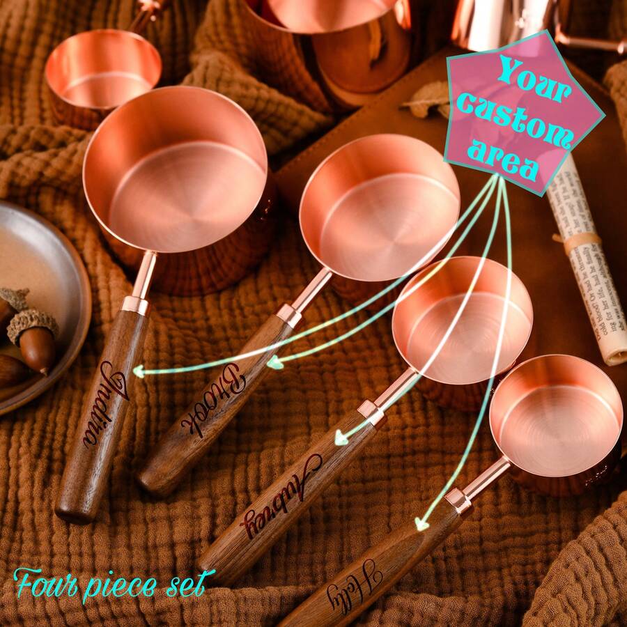 Customized Walnut Wood Measuring Cup & Scoop Set, 4pcs Stainless Steel Measuring Spoons, 4pcs Stainless Steel Measuring Cups, Great Gift For Family, Love, Friends, Coworkers, Leaders, Birthday, Festival, Business - Walnut - View 1