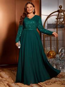 Vestido Longo Maxie de Chiffon com Renda e Paetês, Vestido de Festa Elegante em Plus Size