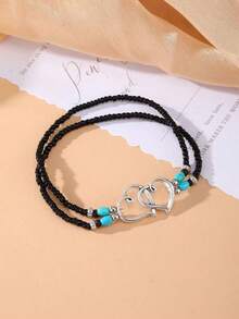 Alloy Double Heart & Turquoise Beads Elastic Anklet Beach Bohemian Foot Jewelry For Women - Black - View 11