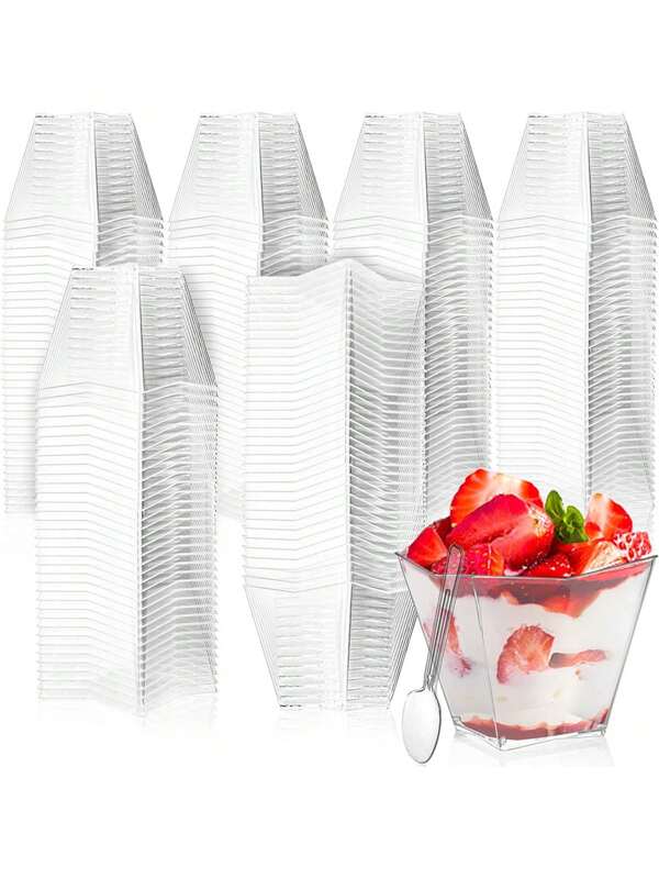 5/10 pièces Coupes à dessert en plastique transparent et 50 pièces Coupes à gelée carrées avec cuillères, Coupes à dessert mini réutilisables, Fournitures de fête, Coupes à gâteau mousse, Coupes à pudding, Fournitures de fête, Voyage extérieur et pique-niques