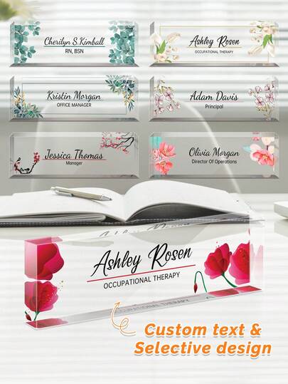 Personalized Name Plate, Office Desk Gifts, Name Plate For Graduation, Glass Acrylic, Name Plaque, Nurse Gift, Gift New Office, Personalized Name Plate For Desk, Clear Acrylic Glass Name Plate, Custom Office Decor, Flower Nameplate Sign, Personalized Gift School Supplies, Back To School