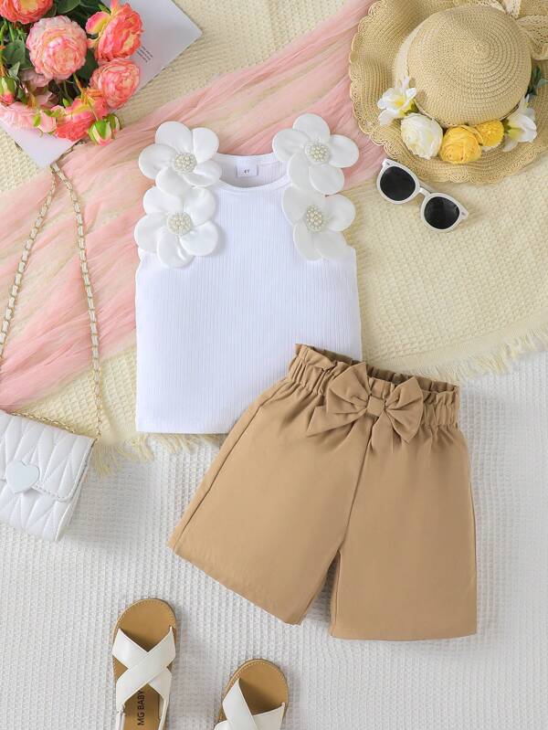 2pcs/Set Young Girls Pearl Flower Tank Top And Bow Shorts For Summer Daily Wear,Birthday And Party