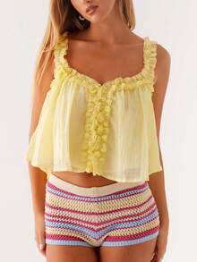 Women Y2k Ruffle Hem Crop Tank Tops Sleeveless Spaghetti Strap Flowy Camisoles Sexy V Neck Babydoll Tops Cute Going Out Cami Shirt - 黃色 - 查看 2