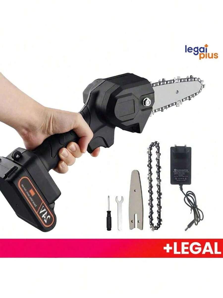 Moto Serra Elétrica com Bateria de 600w e 24v Mini Motosserra de 4 Polegadas e Carregador Bivolt de Alta Qualidade. - Preto - Visão 1