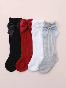4 Pairs Baby Girls' Cute Solid Color Bow Decor Bubble Cuff High Socks, Suitable For Everyday Wear - Multicolor - View 6