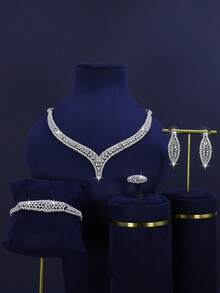 5pcs Luxury Royal Style V-Shaped Bridal Wedding Jewelry Set, Handset White Cubic Zirconia, Including Necklace, Bracelet, Earrings, Ring, Suitable For Daily Wedding Wear, Wedding Anniversary Gift (Deluxe Gift Box Packaging) Complimentary - Platinum Plated - View 10