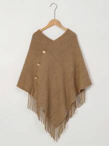 1pc Women's Solid Color Button Tassel Knit Poncho Shawl Cardigan, Warm & Stylish, Casual For Holiday And Daily Wear