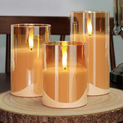 1 件/3 件 LED 蜡烛（带/不带遥控器）、无焰蜡烛、蜡烛加热器、蜡烛灯、3D 移动火焰电池供电蜡烛（不含电池），适用于节日、婚礼、礼物、壁炉、家居装饰（金色，3 英寸 X 4 英寸 5 英寸 6 英寸）