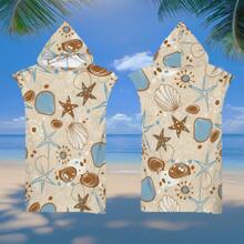 1 pieza Toalla de playa con capucha con elementos oceánicos, manta de playa de microfibra supersuave y envolvente de playa convertible, diseño de 4 botones que se puede desabrochar para convertirla en manta, súper absorbente, apta para viajes, piscina, buceo, surf, yoga, campamento, disponible en tallas para adultos y niños, de vuelta al colegio