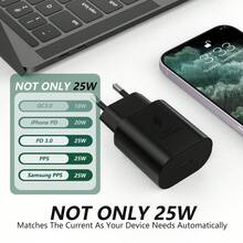 Zestaw szybkiej ładowarki PD 25 W, zawiera superszybki adapter ładowarki 25 W i kabel ładujący USB-C o długości 3,3 stopy/6,6 stopy, kompatybilny z modelami Galaxy S25/S24/S23/S22/S21/S20/Plus/Ultra/FE, Note 20/10/Z Fold/Flip, A17 oraz 16/16 Pro/16 Pro Max/16 Plus/17 Air/15 Pro/15 Plus/15 Pro Max - Wtyczka UE typ C (220–240 V) - Zobacz 7