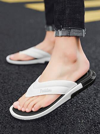 Men's Fashion Flip Flops - Comfortable PVC Material, Non-Slip Sole, Arch Support Strap, Suitable For Beach & Casual Wear (Black/White), Beach Accessory