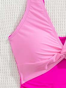Ladies Fashion Sexy Cross-Color Block Summer Seaside Vacation Photo One-Piece Swimsuit TOPS - Pink - View 4