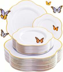 50PCS White Plastic Plates - The Best Disposable Plates - White And Gold Plastic Plates Include 25PCS White Dinner Plates, 25PCS White Dessert Plates For Easter&Baby Shower Gifts&Parties&Mother's Day. - 白色 - 查看 3