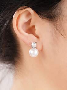 1 par de pendientes de aro con circonita cúbica y perla falsa para mujer, ideales para boda, compromiso, aniversario, fiesta y como regalo de San Valentín