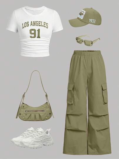Teenager Set, Elegant Slim-Fit Letter Print T-Shirt And Green Workwear Trousers Two Pieces Suit Suitable For Daily Wear.