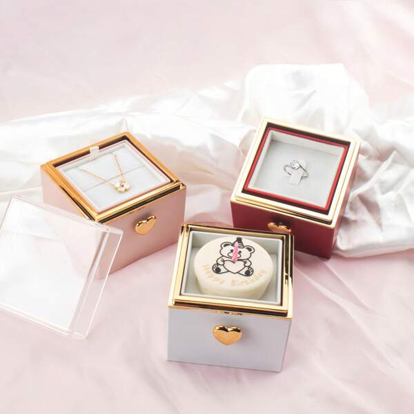 New Rotatable Bear Cake Pattern Jewelry Case, Includes A Lighted Candle, The Button Can Flip The Layer Of Surprise Gift Box, Birthday Valentine's Day Mother's Day Christmas Surprise Gift, Suitable For Rings, Pendants, Necklace Storage Box