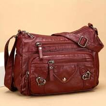 [Bolso bandolera ligero con cremallera] Elegante bolso bandolera de mujer con múltiples bolsillos, bolso de hombro de piel sintética, de unicolor ligero con correa ajustable, cierre con cremallera, forro de poliéster, bordes pintados, para uso diario y ocasiones - disponible en negro, gris, rojo, marrón claro