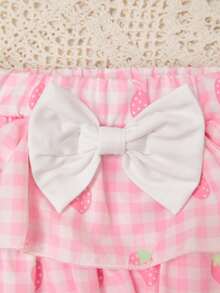 2 piezas Conjunto de niña bebé con camiseta de manga corta con estampado de fresa y falda a cuadros a juego con diadema de lazo, estilo dulce para verano, jardín de infancia, parque, sesión de fotos - Rosa Pálido - Ver 6