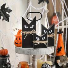 3 Stücke Landhausdekoration, vintage schwarze Holzkatze, mystisches Katzen-Thema, mehrschichtige Platte & Kamin Dekoration, Herbstdekoration, rustikaler Stil, viktorianischer Stil schwarze Katzenfiguren, Retro Party Ausstattung für Zuhause & Büro