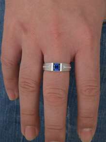 AIHUASI 1pc Luxury Certified 925 Sterling Silver Hypoallergenic Wedding Rings For Men Solitaire 6*6mm 1.25 Carat Princess Cut Dazzling Blue Synthetic Spinel Vintage Party Eternity Engagement Ring Fine Jewelry Gift