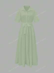Women's Spring And Summer Thin Shirt Dress Open Collar Solid Color Loose Shirt Dress Tie Puff Sleeves Short Sleeves Non-Elastic Casual Commuting French Style Simple Slouchy Style Elegant Women's Vacation Wear Graduation Season Valentine's Day Independence Day Back To School Season Gift Ladies Dress
