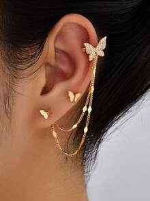 3pcs/Set Stackable Hypoallergenic Dainty CZ Butterfly Stud And Cartilage Ear Clip Earrings Set For Women Multiple Piercing Dangle Chain Jewelry Gift - Vàng - Xem 3