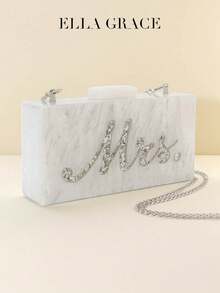 Elegant White Acrylic Rectangular Evening Purse With Marble Texture And "Mrs." On The Front - Metal Chain Included. Ideal For Formal Occasions Such As Wedding Parties, Valentine's Day, Year-End Parties And Celebration Banquets. Thoughtful Valentine's Day, Year-End Party And Celebration Banquet Gift. Ideal Present For Giving. - White - View 4