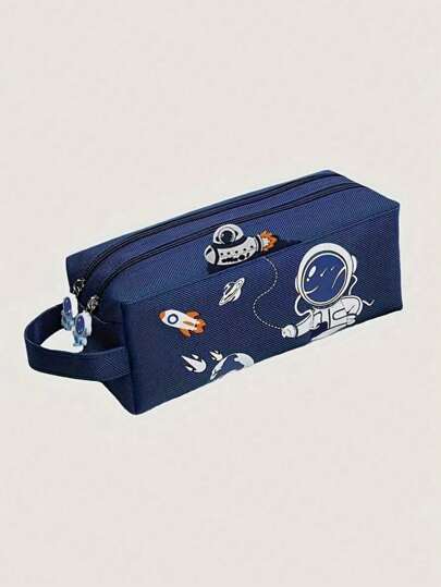 1 bolsa de lápis de astronauta azul, bolsa de papelaria portátil de dupla camada e grande capacidade, bolsa de armazenamento de material escolar de desenho animado, bolsa de armazenamento de mesa de escritório, estojo de lápis, bolsa de lápis, mochila escolar