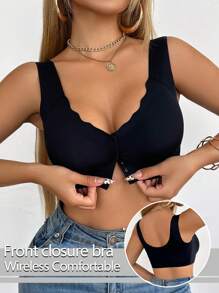 Sujetador sin aros de mujer, negro, sexy, con espalda de tirantes, cómodo, transpirable, con copas desmontables, sin costuras y cierre frontal