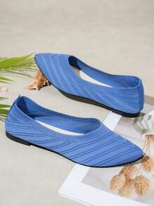 Women's Fashion Pointed Toe Breathable Comfort Slip-On Ballet Flats, Plus Size, Spring/Summer - Blue - View 5