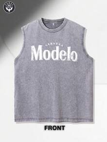 Modelo  Front And Back Prints  New Men's Premium Printed 230G Heavy Pure Cotton Washed And Aged Waistcoat Sleeveless Vest Men's T-Shirt, Summer Casual T-Shirt Casual T-Shirt - 灰色 - 查看 5