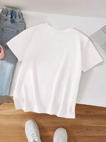 Girls' Dinosaur Slogan Print Round Neck Short Sleeve T-Shirt, Casual Spring/Summer Children Clothing. Round Neck Design, Suitable For School, Vacation And Shopping Wear. - White - View 2
