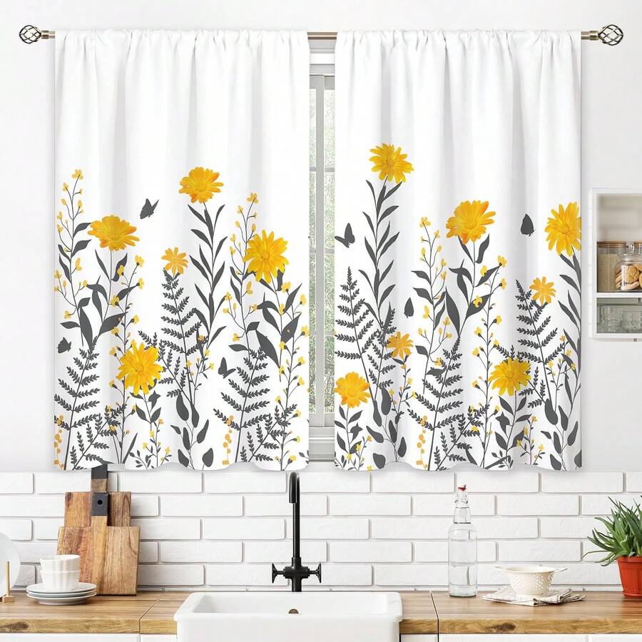 2 Panel 28"X40" Yellow & Gray Flower Small Kitchen Curtains Floral Window Treatment Wildflower Rod Pocket Cafe Short Window Curtains For Bathroom Dining Laundry Room Plant Tier Treatment Drapes - 白色 - 查看 1
