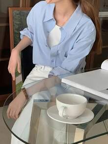 女式纯色长袖单排扣口袋休闲衬衫 - 藍色 - 查看 2