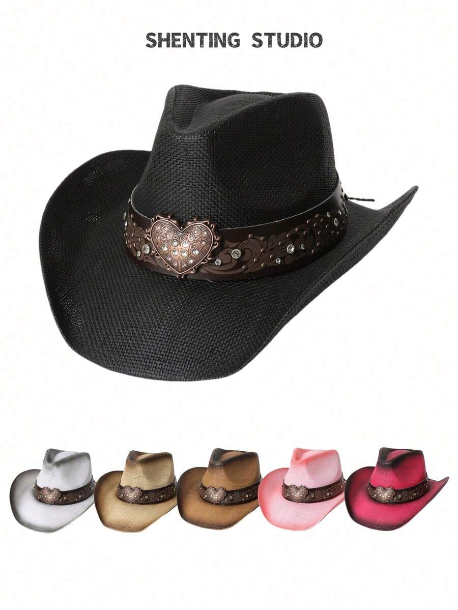 1pc Women's Heart-Shaped Belt Decor Western Cowboy Hat, Straw Hat, Spring Autumn New Versatile Sun Visor Outdoor Sun Protection Hat, Beach Hat, Suitable For Daily Wear, Beach Trip, Travel, Photo Shoot, Fashionable - Straw Hat - View 1