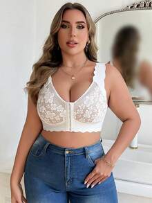 Plus Size Women Fashionable Lace Front Closure Wireless Bra - White - View 6