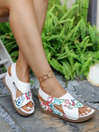 Women's Fashion Casual Wedge Thick Sole Outdoor Increasing Height Sandals, Patchwork Hook-And-Loop Academy Style