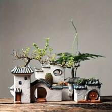 AAMTE Chinese Style Decor Planter, Bamboo & Succulent Ceramic Zen House Home Decoration, Miniature Landscape Plant Pot, No Plants Included, Suitable For New Year, Party, Christmas Gifts, Holiday