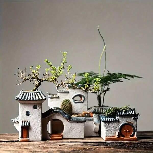AAMTE Chinese Style Decor Planter, Bamboo & Succulent Ceramic Zen House Home Decoration, Miniature Landscape Plant Pot, No Plants Included, Suitable For New Year, Party, Christmas Gifts, Holiday