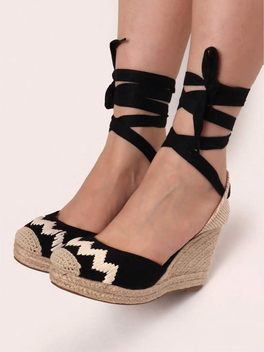 ESPADRILLES A ZEPPA IN CAMOSCIO SINTETICO TACCO ALTO 10.5CM  E PLATEAU 3CM TOMAIA RICAMO A ZIG ZAG - Black - View 1