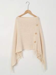 1pc Women's Solid Color Button Tassel Knit Poncho Shawl Cardigan, Warm & Stylish, Casual For Holiday And Daily Wear