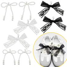 8pcs Lace Bow Shoe Charms For Sneakers Pearl Shoelace Black White Bow Pendant Accessories Decorations Clips Jewelry For Keychain Cellphone Strap